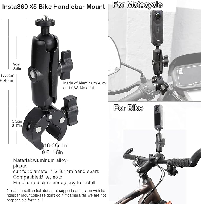 PellKing Camera Motorcycle Mount for Insta360 X5/X4/X3/X2,Double Super Clamp Mount Umbrella clamp Holder for Monitor Bracket Magic Socket Arm with 1/4 Thread for Moto Bike Bicycle Handlebar