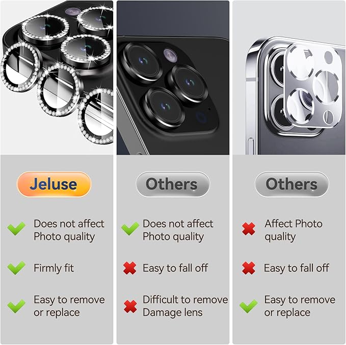 Jeluse Camera Lens Protector for iPhone 17 Pro Max/17 Pro/16 Pro Max/16 Pro/15 Pro Max/15 Pro/14 Pro Max/14 Pro, 9H Tempered Glass Screen Protector Cover Alignment Kit Metal Individual Ring