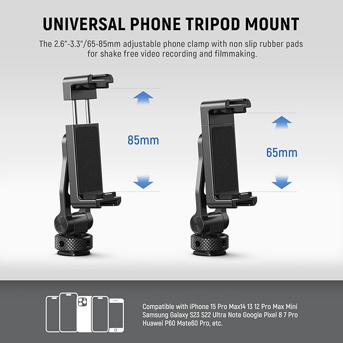 NEEWER Adjustable Phone Tripod Mount with Cold Shoe 1/4" Thread 180° Tilt 360° Rotation Cleaning Cloth Phone Clamp Holder Compatible with iPhone Samsung Android Camera Cage for Video Recording, GA010
