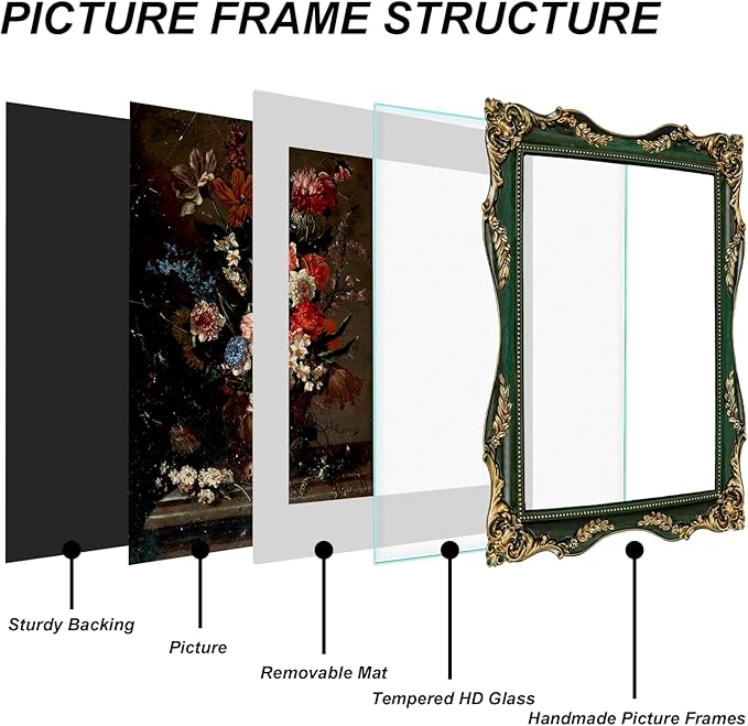 Vintage Green 11x14 Picture Frame with Mat for 8x10 or 11x14 Photos, Real Glass, Ornate Baroque Gothic Victorian Frame for Wall Display