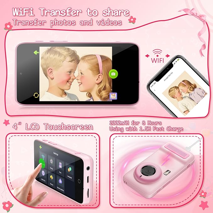 AI Digital Camera,AI Kids Camera Everything Recognition for 4 to 12 Years Old Girls Boys, Dual Lens,2.4GHz Wi-Fi,4" LCD Touch Screen,Gift Ideas for Birthday Christmas Festival