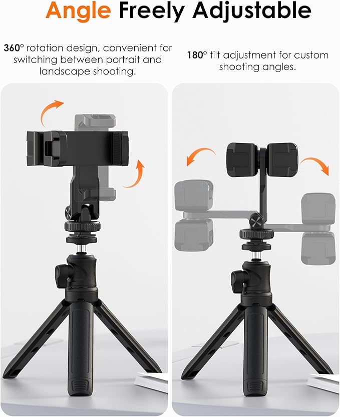 Tripod Phone Mount, Dual Phone Holder with 4 Cold Shoe and 1/4" Screw, 360° Rotates and 180° Tilts Adjustable Cold Shoe Mount for Phone, Camera, Stabilizers, Video, Live Streaming, Vlogging