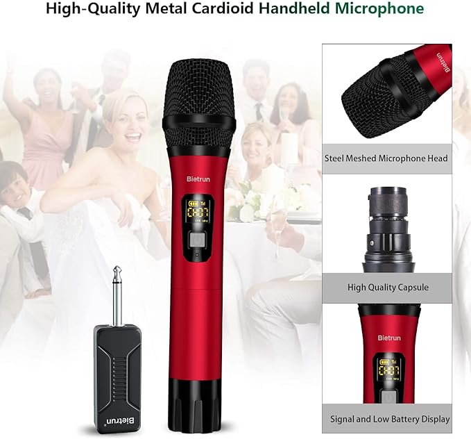 Wireless Microphone, Uhf Metal Dynamic Handheld Karaoke Mic, Rechargeable Receiver (Work 6hs),160ft Range, for Karaoke, Singing, Stage, Wedding, Speech, Karaoke Machine, Speaker, Amplifier, Mixer