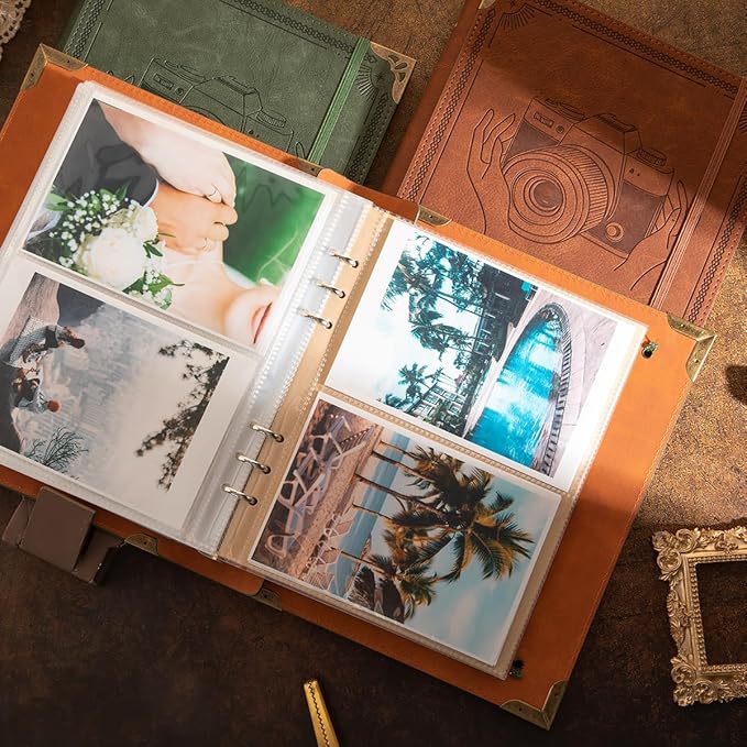 Photo Album 4x6, Leather Photos Albums, Vintage Travel Scrapbook Photo Album, Picture Album for Family Anniversary Wedding, Gift for Anniversary (Green Camera)