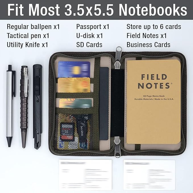 Journal Cover for Field Notes Notebooks Moleskine Cahier 3.5 x 5.5 with zipper pen holder, Water Resistant Pocket Notebook Cover for Journal Notebook planner, Classy Waxed Canvas, Olive