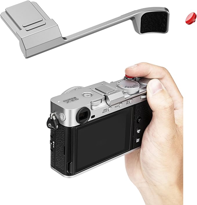 JJC Metal Thumb Grip & Shutter Release Button for Fuji Fujifilm X-E5 XE5 Mirrorless Camera, Hot Shoe Cover Protector Thumb Support, Anti-Scratch Silicone Pad for Stable & Safe Hand Hold, Silver Color