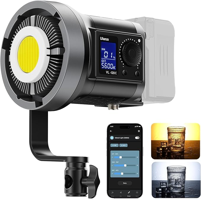 ULANZI V-Mount LED Video Light COB Continuous Output Lighting, 120W Bi Color 2700K-6500K COB Bowens Mount Photography Fill Light 20700lux/1m 20 Preset Effects with APP Control Studio Light