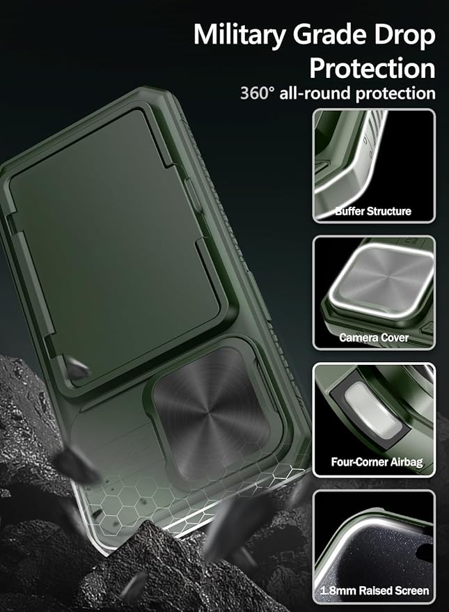 Vihibii for iPhone 15 Pro Case Wallet with Card Holder (4 Cards) & Slide Camera Lens Cover & Kickstand & Raised Edges Protective Screen, Rugged Durable Phone Case for iPhone 15 Pro 5G 6.1" 2023, Green