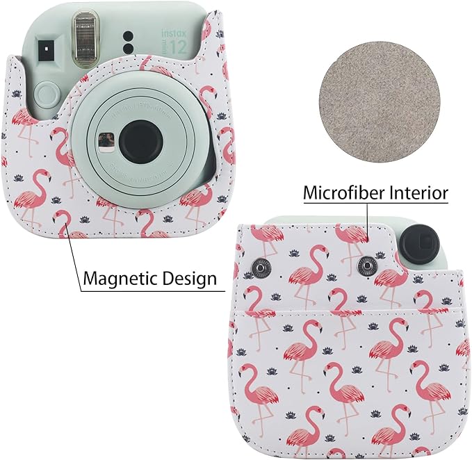Frankmate Protective Case Compatible with Fujifilm Instax Mini 12 11 9 8 Instant Film Camera with Pocket and Adjustable Strap (Pink Flamingo)