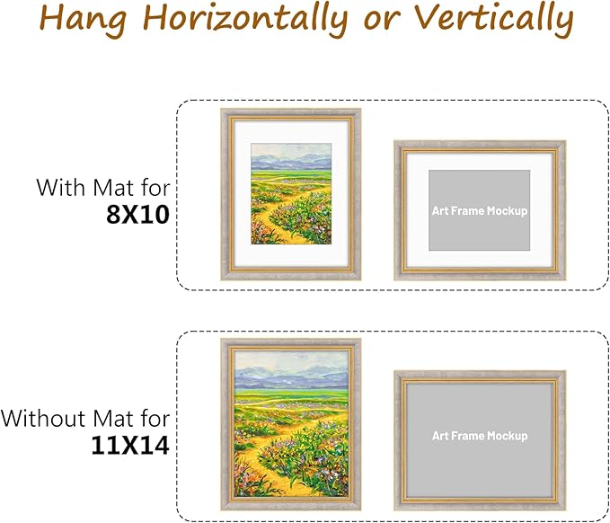 Golden State Art,11x14 Ornate Picture Frame for 8x10 Photo with Mat or 11 x 14 Prints Without Mat, Real Glass Wall Display Horizontally or Vertically (Color:Antique Gray Gold)