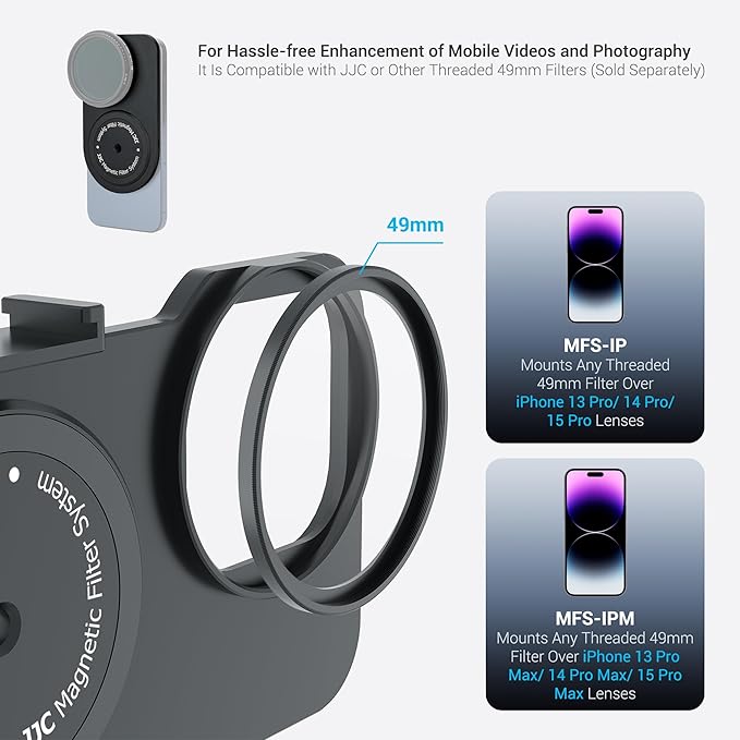 49mm Lens Filter Adapter Mount for iPhone 16/15/14/13 Pro Max 16/15/14 Plus Without case, Double-Sided Magnetic Phone Filter System with Lens Hood for ND CPL, 1/4-20" Screw & Cold Shoe Mount