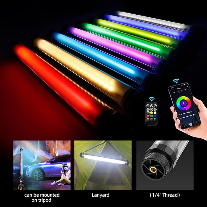 RGB LED Photography Light 10400mAh Battery Powered Tube Light Waterproof IP68 Full Color RGB Portable Lighting Wand Stick for Video Recording Studio, 12 Lighting Modes, 3000K 6000K CRI95+