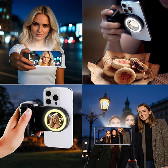 Selfie Phone Tripod Mount with Fill Light,4-in-1 Magnetic & Phone Clip Camera Grip Handle Holder with Detachable Remote Shutter with Cold Shoe Adapter for iPhone 15 16 Samsung Video Shooting