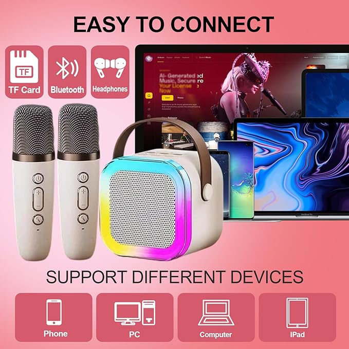 Karaoke Machine for Kids, Kids Karaoke Machine Gifts for Girls and Boys Family Party, Kids Karaoke Machine for Girls with 2 Wireless Microphones, Mini Portable Bluetooth Speaker (Ivory)