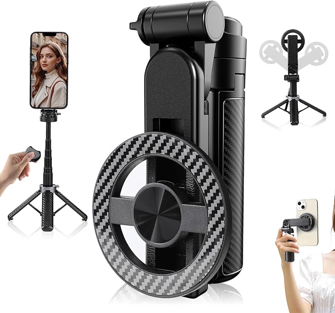 4-in-1 Multifunctional 360° Rotation Magnetic Selfie Stick,Universal Magnetic Phone Tripod with Detachable Remote Control, Extendable Mag Tripod Phone Stand for Video Recording & Vlogging