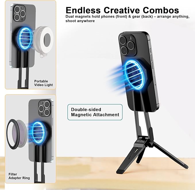 Foldable Magnetic Phone Tripod for iPhone, Mini Tripod Pocket Cell Phone Stand Smartphone Desk Stand, Portable Magnetic Phone Stand with iPhone 16 15 14 13 12, Black