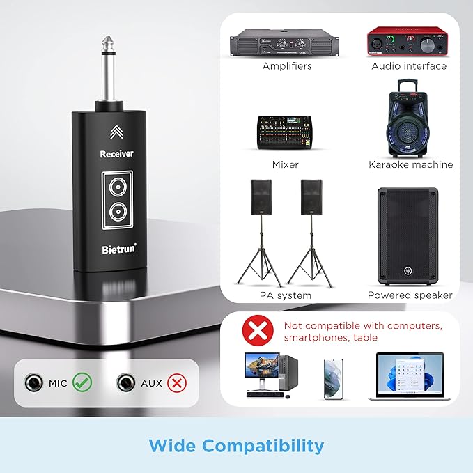Bietrun Wireless Microphone, UHF Single Handheld Cordless Dynamic Metal Mic Set with Rechargeable Receiver, 1/4'' Plug Output, for Karaoke, Church, Wedding, Party Singing(98 ft Range)(Auto Connect)