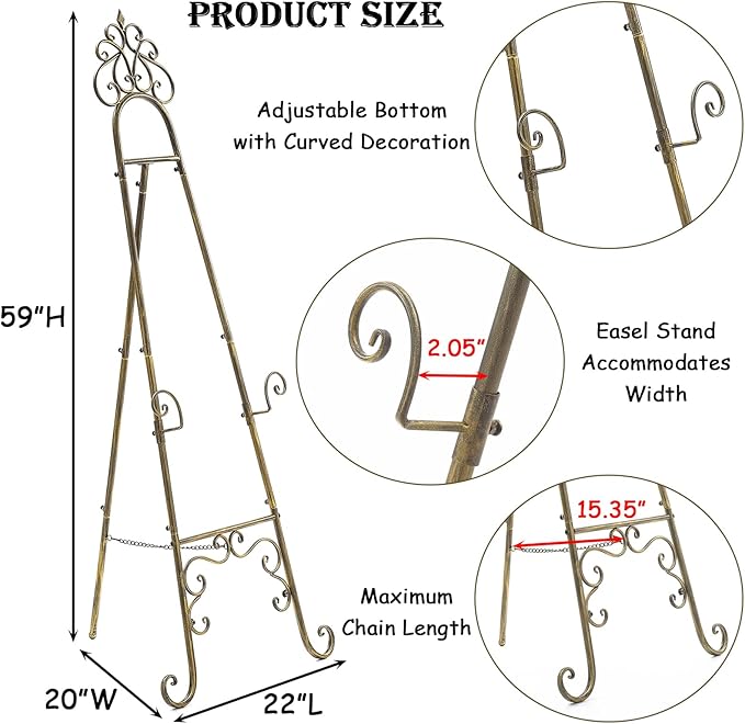 Vintage Metal Free Standing Adjustable Display Stand Easel with Chain Support, Extra Large Scroll Floor Standing Easel for Display Mirror Wedding Welcome Signs Picture Frame