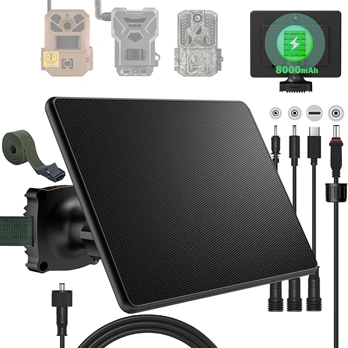 Trail Camera Solar Panel,6W Solar Battery Charger Kit 6V/2A 9V/2A 12V/2A with 8000mAh Battery for Hunting Camera,IP65 Waterproof Hunting Accessory,1.7/2.1/1.35mm DC &USB-C Connectors for Trail Cam