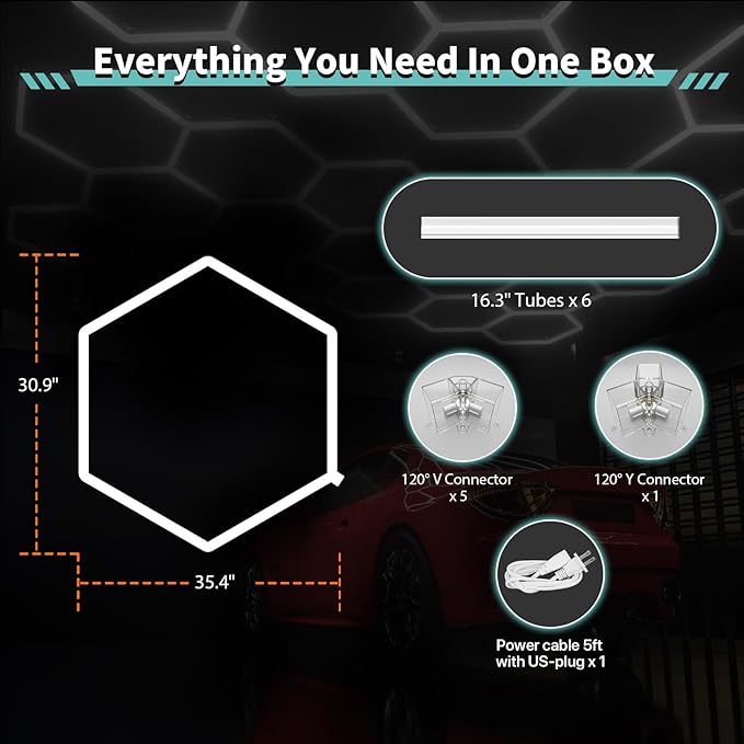 Garage Hexagon Lights, 42W 6500K Higher Brightness Hex Garage Lights, Plug and Play, Lightweight DIY Assembly Hexagonal Light for Car Detailing Auto Beauty Shop Decor