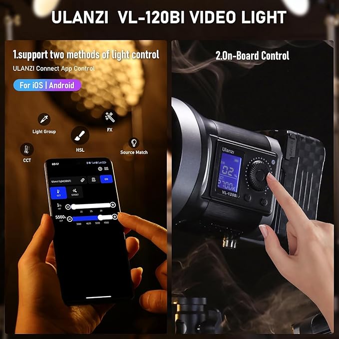 ULANZI V-Mount LED Video Light COB Continuous Output Lighting, 120W Bi Color 2700K-6500K COB Bowens Mount Photography Fill Light 20700lux/1m 20 Preset Effects with APP Control Studio Light