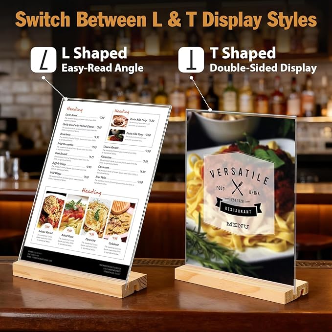 xydstay 2pack 8.5x11 Acrylic Sign Holder with Wood Base for Picture Frames,L/T Shape Double Slot Design for Vertical or Slant Back Display, for Restaurant, Office, School, Store and Home Use