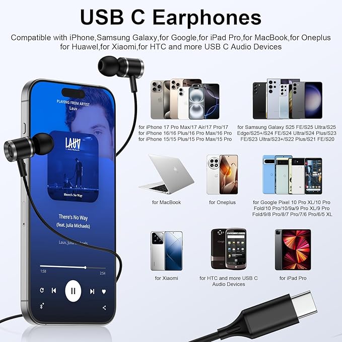 Samsung Earbuds Wired Headphones USB C for Samsung Galaxy S25 Ultra S25 FE A36 A17 5G A16 A56 A35 S24 FE S23 Plus,Wired Earphones USBC Earbuds with Microphone for iPhone 17 Pro Max Air 16e 16Plus 15