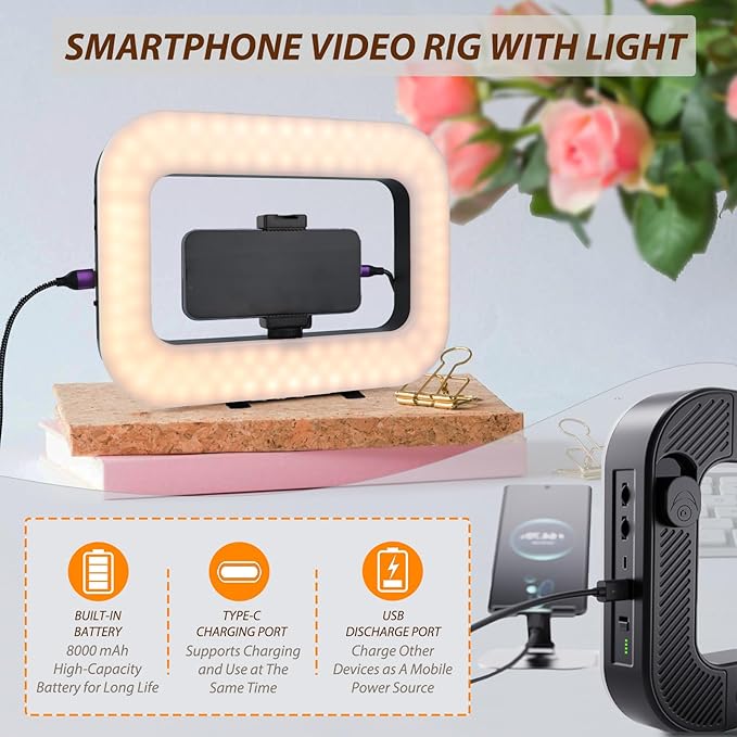 Smartphone Video Rig with Light, Handheld Ring Selfie Light Kit, LED Mobile Video Stabilizer with Built-in 8000mAh Battery for Camera, Smartphone, YouTube, TikTok Video Recording, Makeup