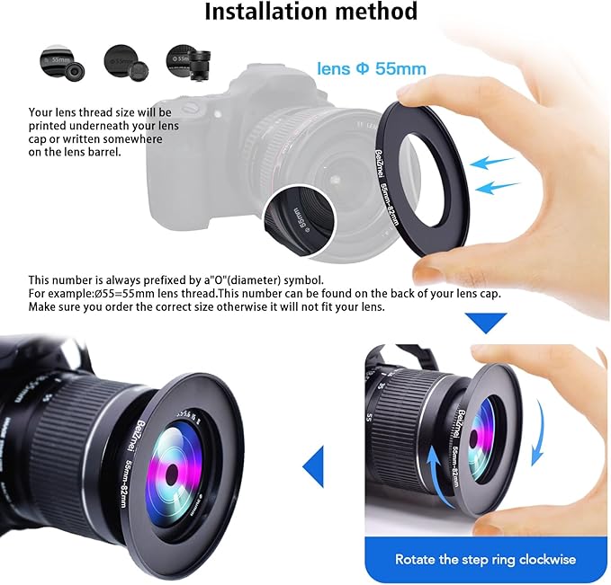 55mm to 82mm Camera Filters Ring,Filters Ring Compatiable All Brands Ø55mm Lens to Ø82mm UV ND CPL Camera Filter accessory.Made of CNC