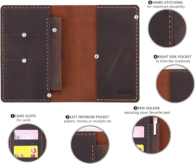 Leather Notebook Cover for Field Notes, Handmade Journal Cover for Moleskine Cahier Journal, Leather Cover with Pen Holder fits 3.5" x 5.5" Pocket Notebook - Coffee