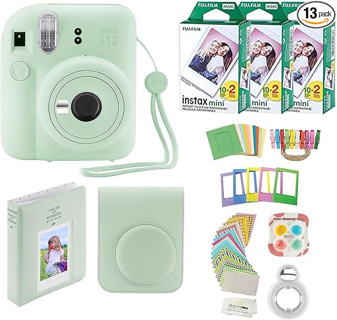 Fujifilm Instax Mini 12 Instant Camera + 60 Photo Prints + Quality Photo Value Bundle, Case, Decoration Stickers, Frames, Photo Album, (Mint Green)