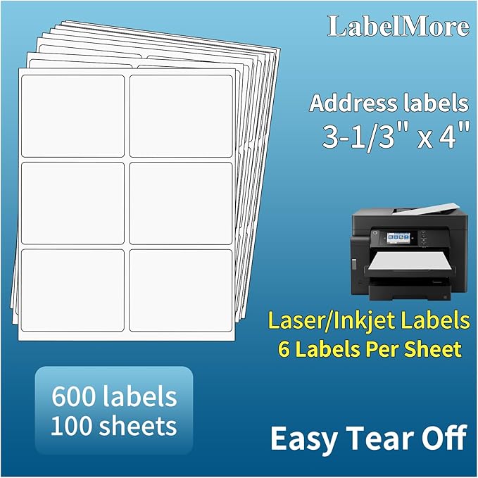 LabelMore 3 1/3 x 4 Labels - 6 Up Self Adhesive Shipping Labels - FBA Labels - 100 Sheet/ 600 Labels