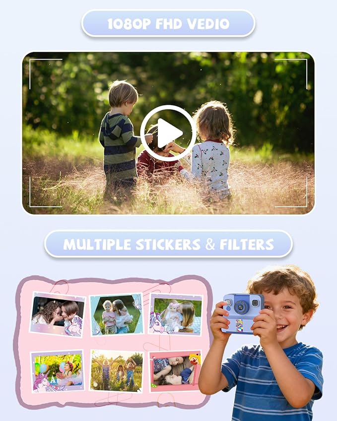 Kids Camera Instant Print, Digital Camera for Kids, 180° Rotating Selfie Lens with 32GB SD Card & 2 Rolls Printing Paper Kids Toy Birthday Gifts for Boys Girls Ages 3-12, Blue