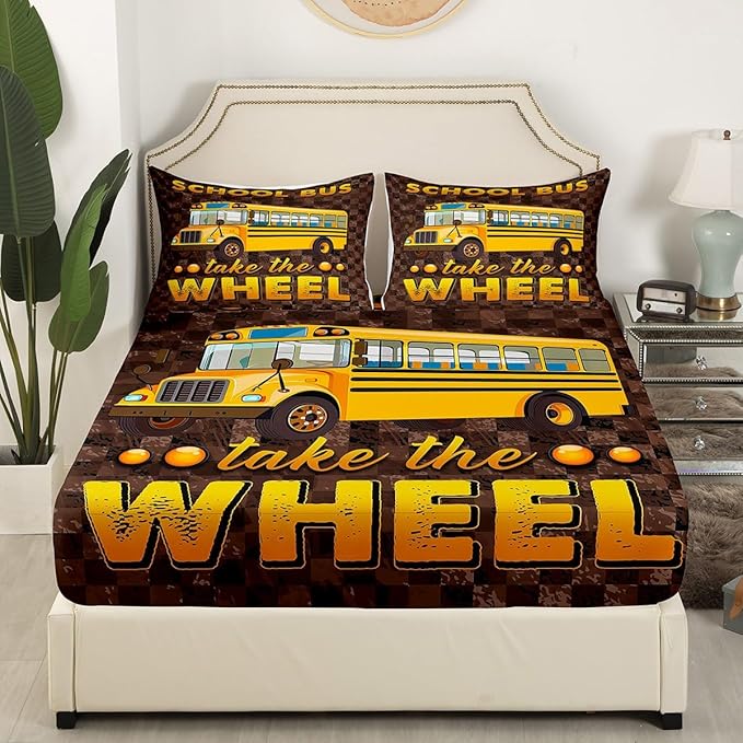 Erosebridal School Bus Sheet Set Twin for Boys Teens Grids Camouflage Flat Sheet Kids Girls Youth School Car Fitted Sheet Lattice Camo Design Soft Microfiber Bed Sheet Set with 1 Pillowcase
