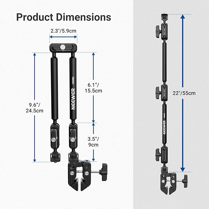 NEEWER Basics Magic Arm Desk Mount, 22" Overhead Mic Stand Boom Arm Desktop Phone Holder with 1/4" 3/8" Threads for ARRI, for DSLR Action Camera Webcam Microphone LED Light for Video Recording, UA061