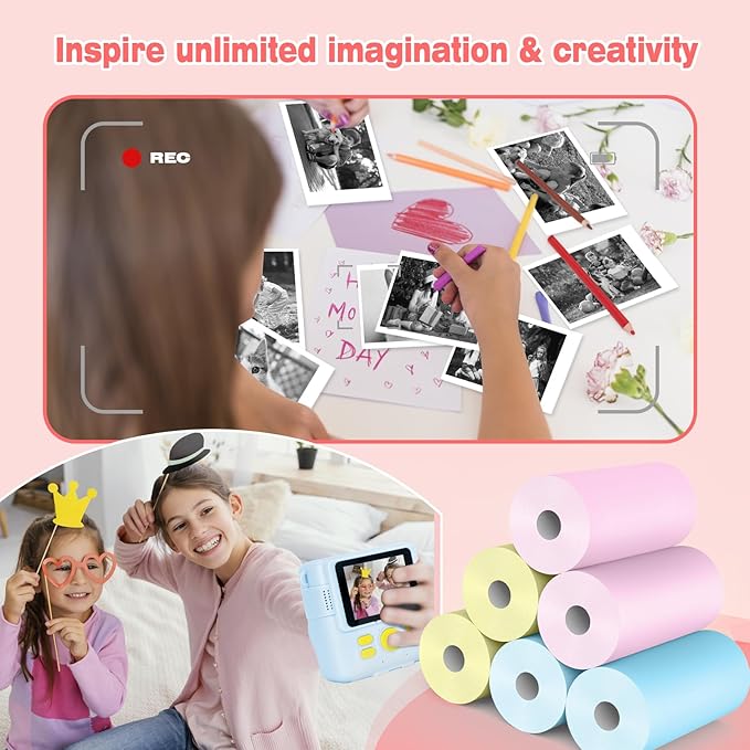 6 Rolls Kids Camera Instant Print Refill Paper Set, Phetium HD Printing Thermal Paper for Most Kids Instant Camera Photo Print (2*Pink, 2*Blue, 2*Yellow)