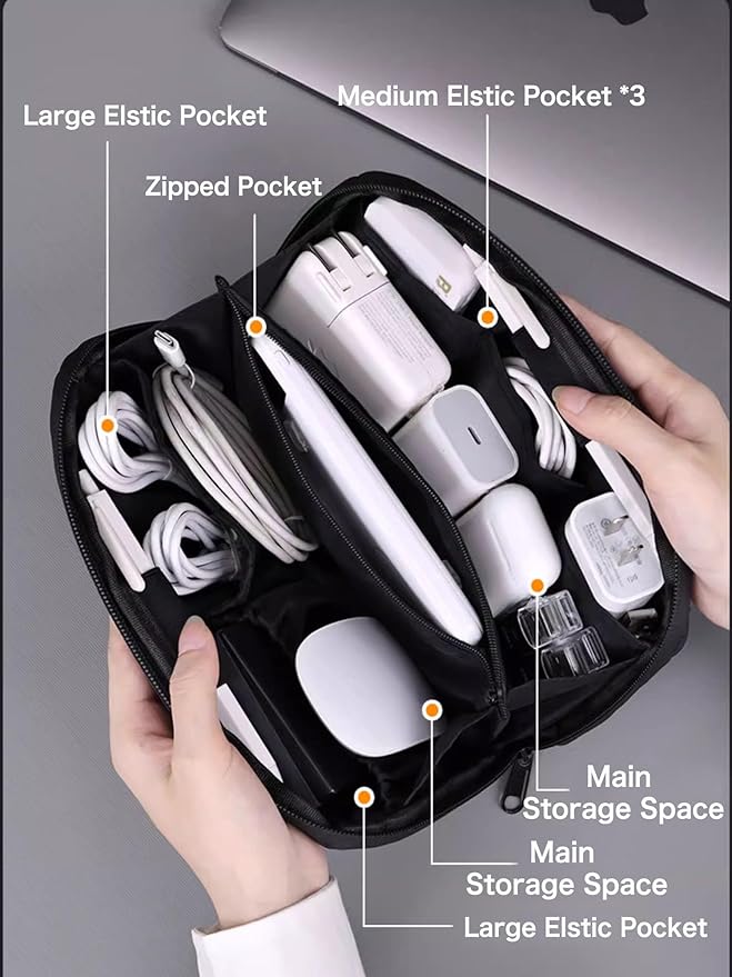 Travel Tech Pouch, Electronics Organizer Travel Case, Waterproof Cord Case for Phone, Charger, Hard Disk, Power Bank, Airplane Travel Essentials Bag, Accessories (Black)