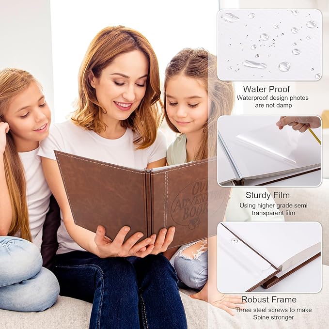Self-Stick Page Adventure Book Scrapbook Photo Album,40 Pages Leather Cover DIY Photo Book for Family,Anniversary Wedding,Travel Memories Holds 3X5, 4X6, 6X8, 8X10 Photos (Brown)