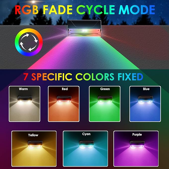 12PK Solar Fence Lights Outdoor Waterproof LED - Warm White & RGB 6 Color, Dusk to Dawn Deck Light, IP65 Waterproof Garden Lights for Outside/Backyard/Railing/Step/Patio/Wall
