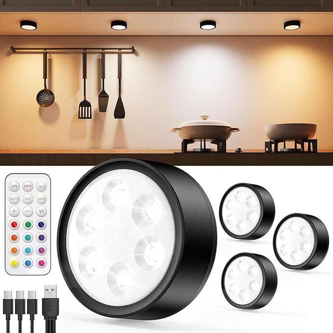Rechargeable Puck Lights with Remote Control, 2400mAh Battery Stick On Spot Lights Indoor for Cupboards, RGBW, 4 Packs