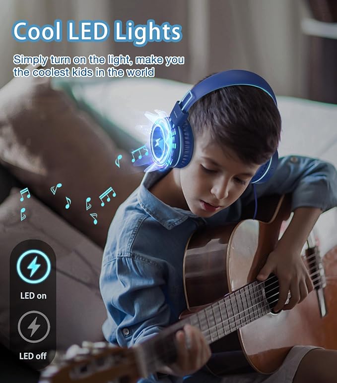 Kids Headphones with LED Lights for School, Upgrade USB Type C Kid Headphone with Microphone, Volume Limiter 85/94dB, Wired On Ear Headphones for Boys/Girls/Tablet/Travel -Blue