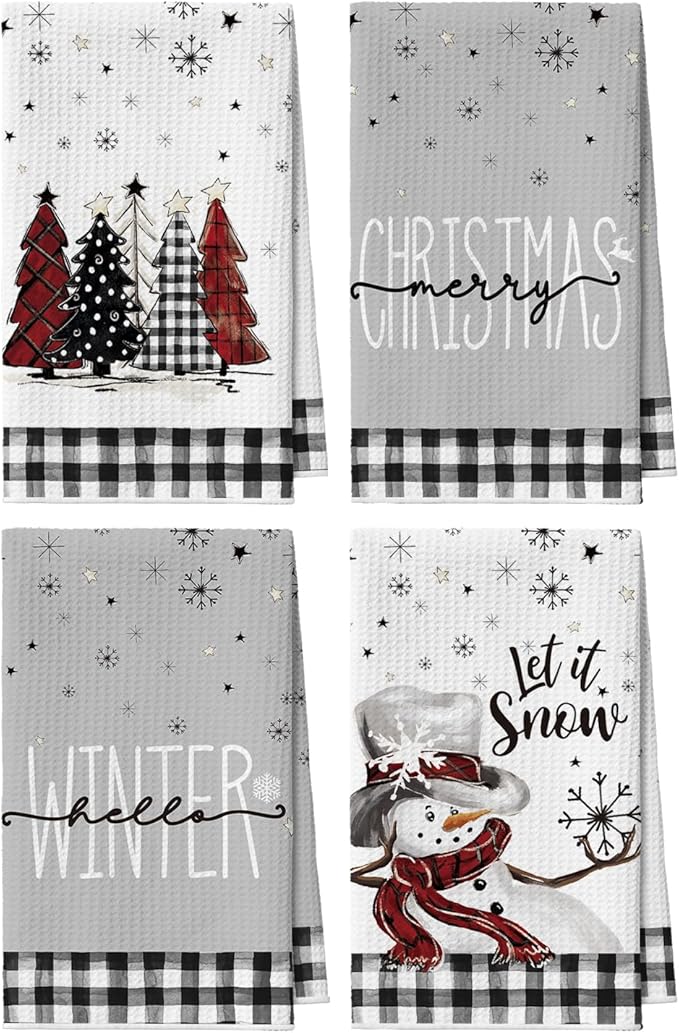 Artoid Mode Black Xmas Tree Snowman Merry Christmas Bar Kitchen Towels, 12x24 Inch Quick Dry Microfiber Cloth Dish Towels for Kitchen Drying Set of 4