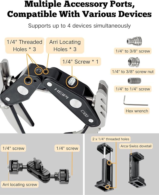 HEIPI Super Clamp Camera Mount Holder - Sabertooth C100 with 360° Ballhead Magic Arm MA175 and Phone Clip PC01 for Tripod Accessories, Round Tube, Flat Surface