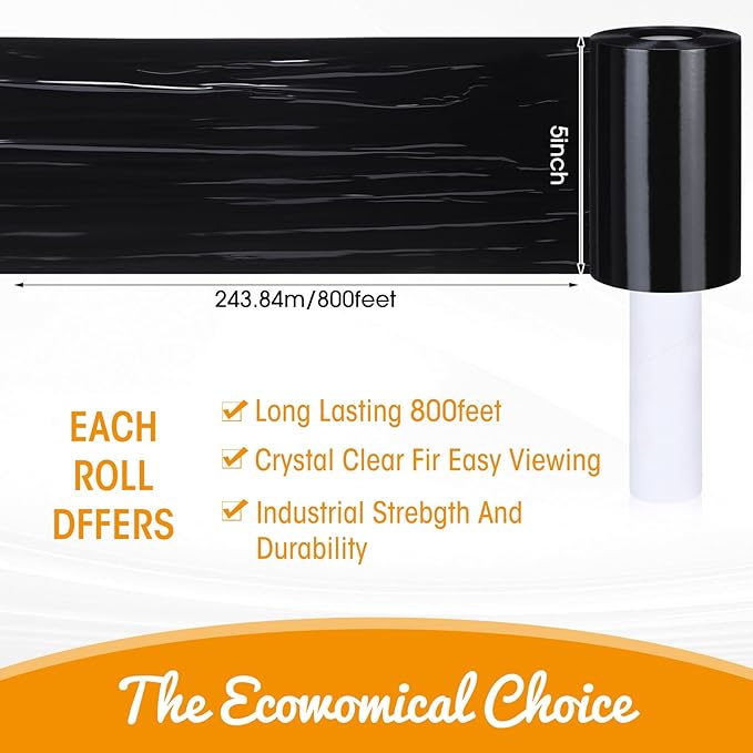 Sherr 20 Rolls 5 Inch x 800 Feet Black Stretch Shrink Wrap Film with Handle 80 Gauge Heavy Duty PE Industrial Plastic Wrap for Packing, Moving, Furniture & Pallet, Self Adhering Packaging Film