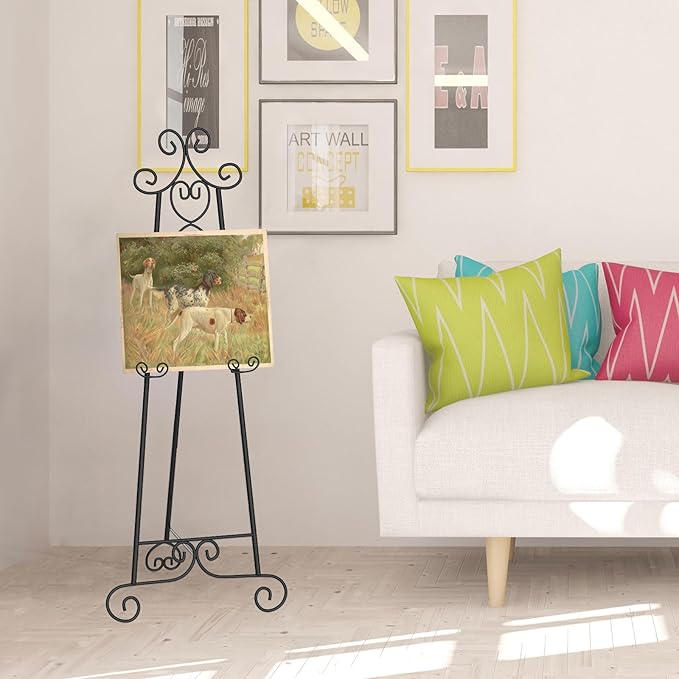 Easel Stand for Sign, Black Vintage Decorative Adjustable Floor Metal Display Easel with Chain Support for Wedding Signs, Art, Posters, Pictures, Welcome Signs, Suitable for Home, Parties, Galleries