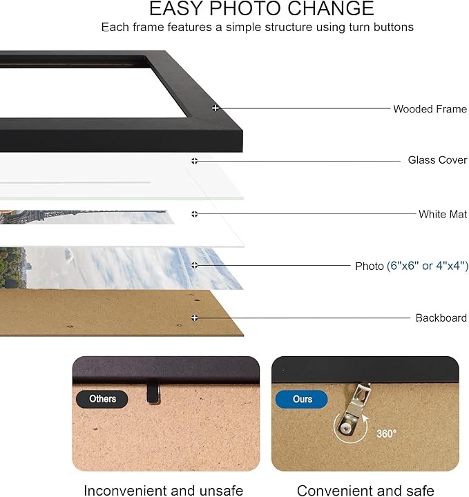 6x6 Picture Frame Set of 4, Made of Real Glass and Black Wooden Frame - Display Picture 4x4 with Mat or 6 x 6 Without Mat, 6x6 Photo for Wall or Tabletop