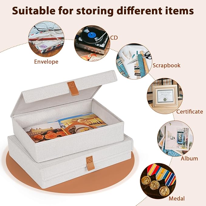 Flenpptly Decorative Photo Storage Box, Photo Boxes Storage with Lids Keepsake Box to Store Pictures, Envelope, Scrapbook Supplies Comes with Business Card Frame to Mark (Large+Small)