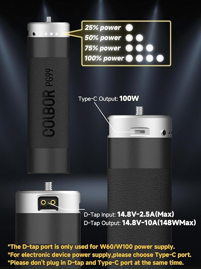 Colbor Battery Grip PG99 6600mAh 98W Extended Power Handgrip for CL60/CL100X W100/W60 Series Video Light and 100W USBC Output for Other Electronic Devices Type-C & D-Tap by Pocket Size (PG99)