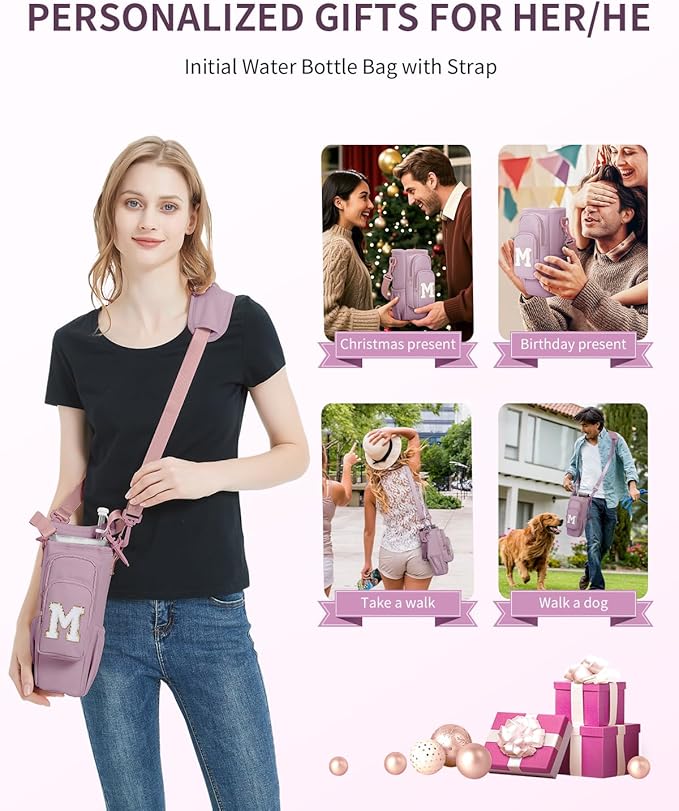sportsnew Birthday Gifts for Women Personalized Initial Water Bottle Holder with Strap fits most 40oz Tumbler with Handle Water Bottle Carrier Bag with Phone Pocket & Straw Topper Tumbler Accessories