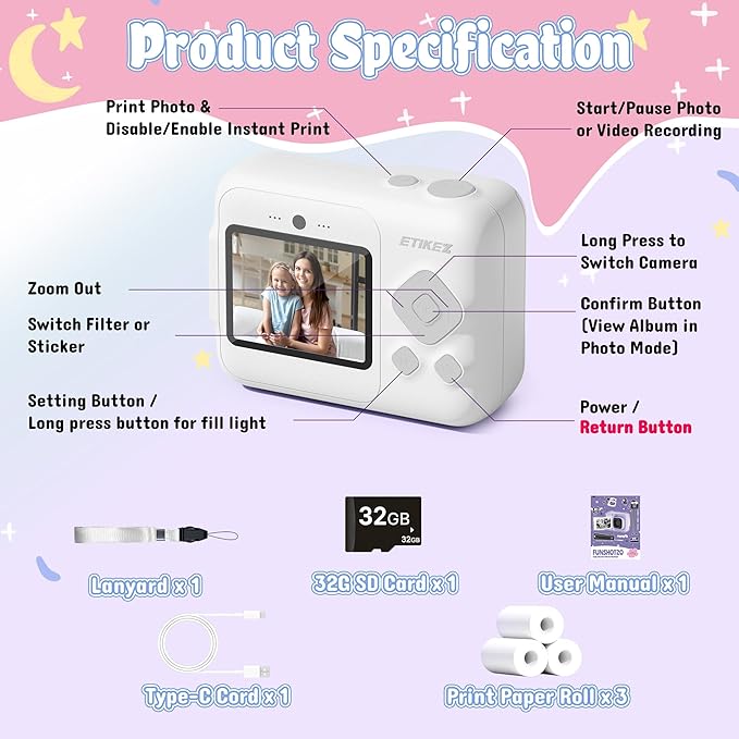 ETIKEZ Kids Camera, 1080P Instant Digital Print Camera for Kids, Christmas Birthday Gifts for 4 5 6 7 8 9 10 Year Old Girls Boys, Portable Toy with 32GB SD Card & 3 Rolls Printing Paper, White